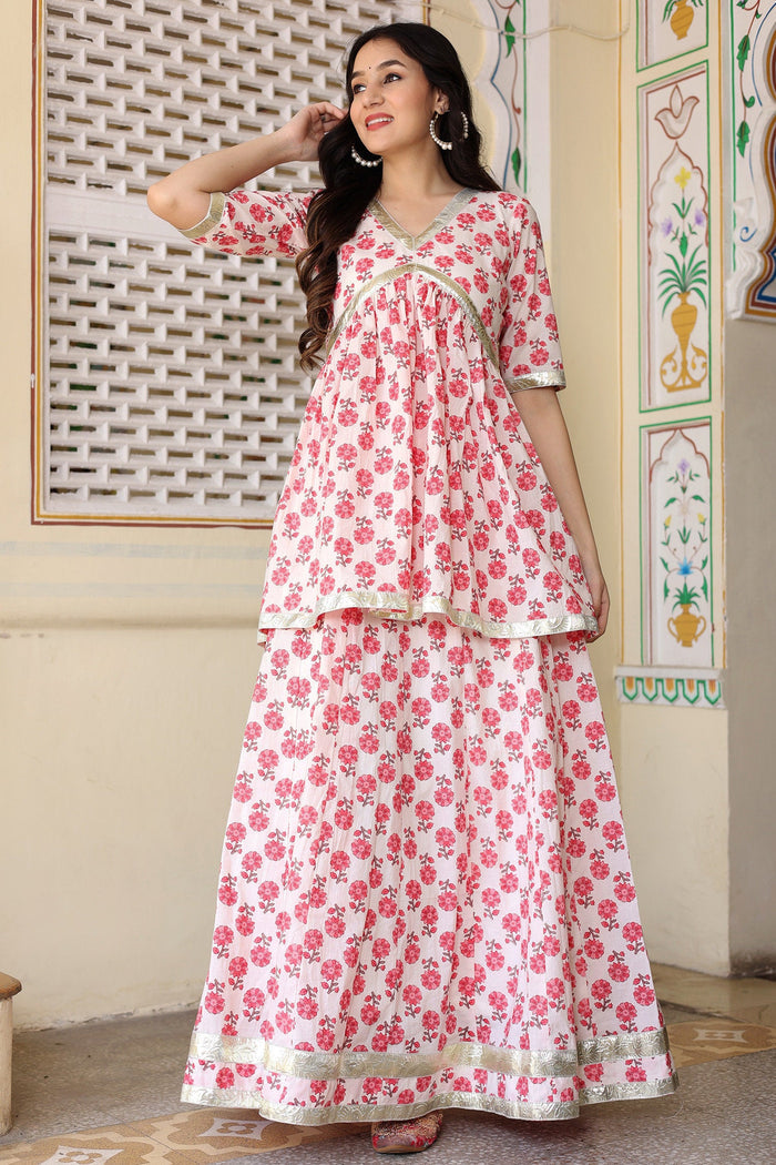 White And Red Floral Printed Cotton Kurta With Skirt Set