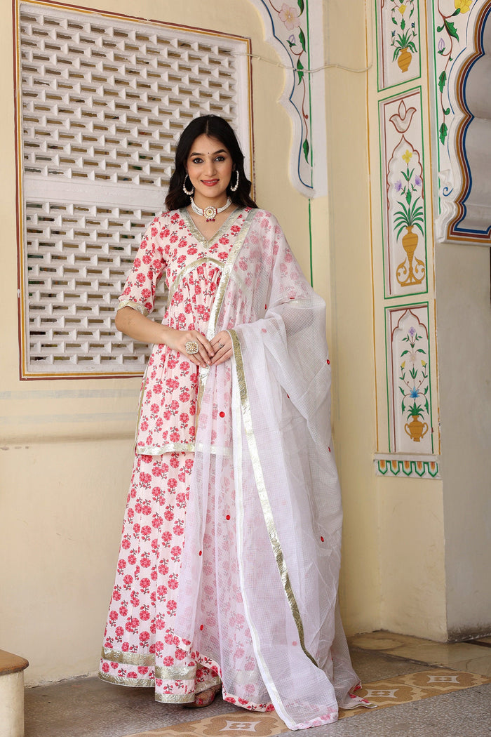 White And Red Floral Printed Cotton Kurta With Skirt Set