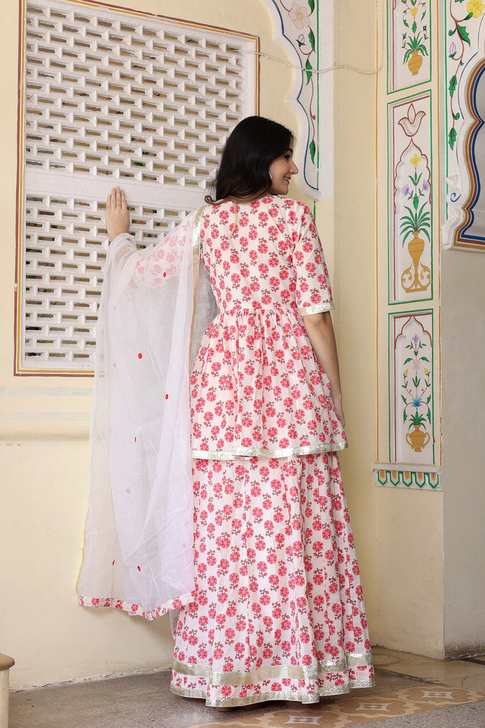 White And Red Floral Printed Cotton Kurta With Skirt Set