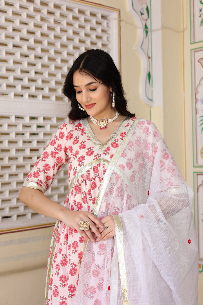 White And Red Floral Printed Cotton Kurta With Skirt Set