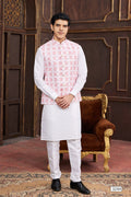 White Art Banarasi Silk Kurta Set With Digital Printed Jacket