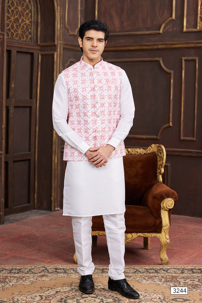 White Art Banarasi Silk Kurta Set With Digital Printed Jacket