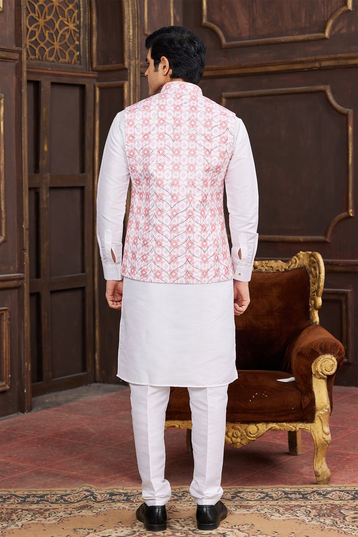 White Art Banarasi Silk Kurta Set With Digital Printed Jacket