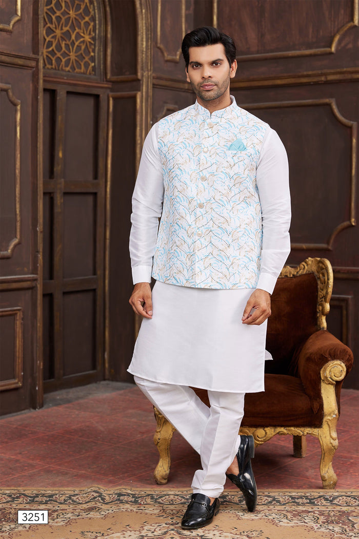 White Art Banarasi Silk Kurta Set With Jacket