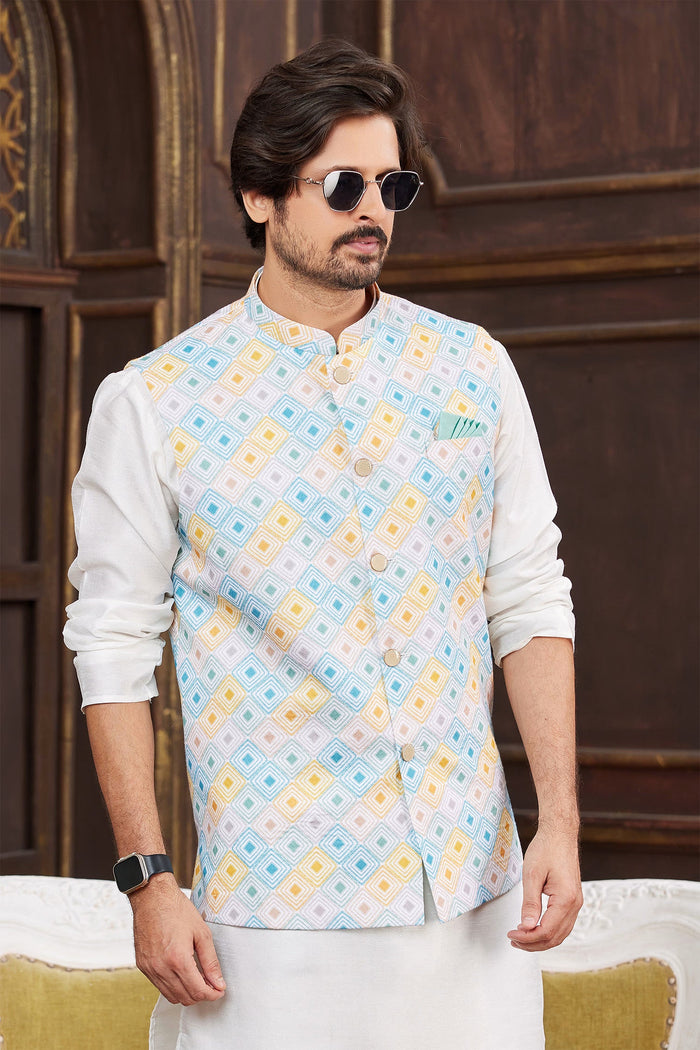 White Art Banarasi Silk Kurta Set With Jacket
