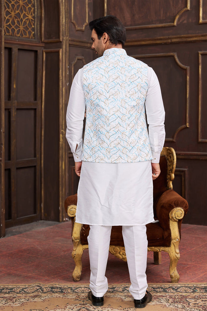 White Art Banarasi Silk Kurta Set With Jacket