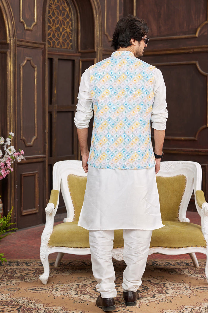 White Art Banarasi Silk Kurta Set With Jacket