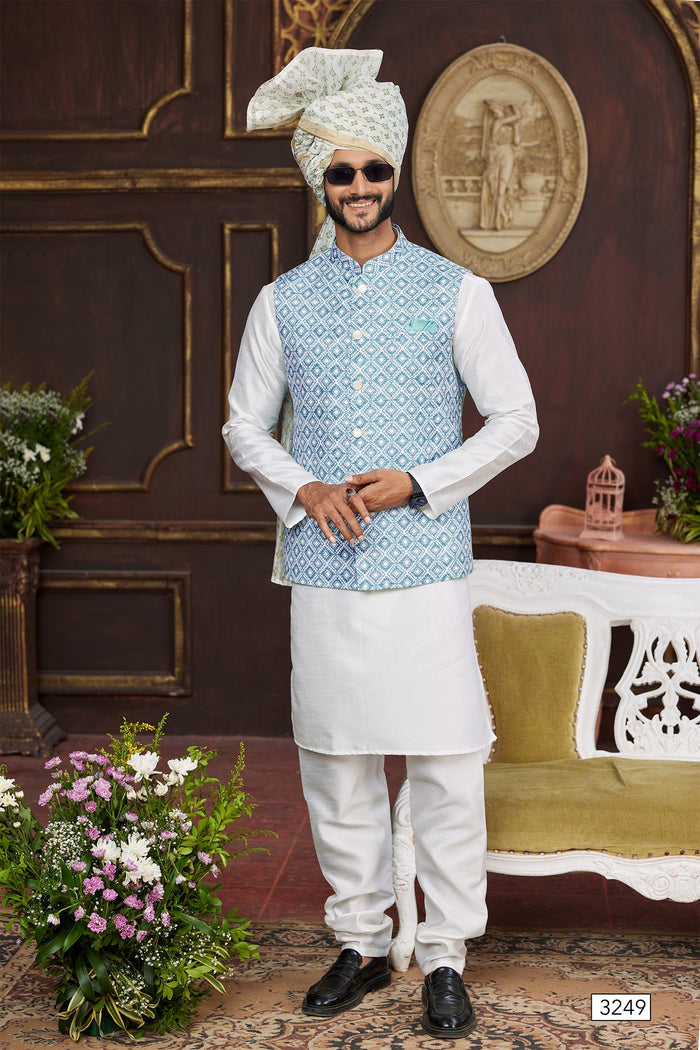White Art Banarasi Silk Kurta Set With Sky Blue Jacket