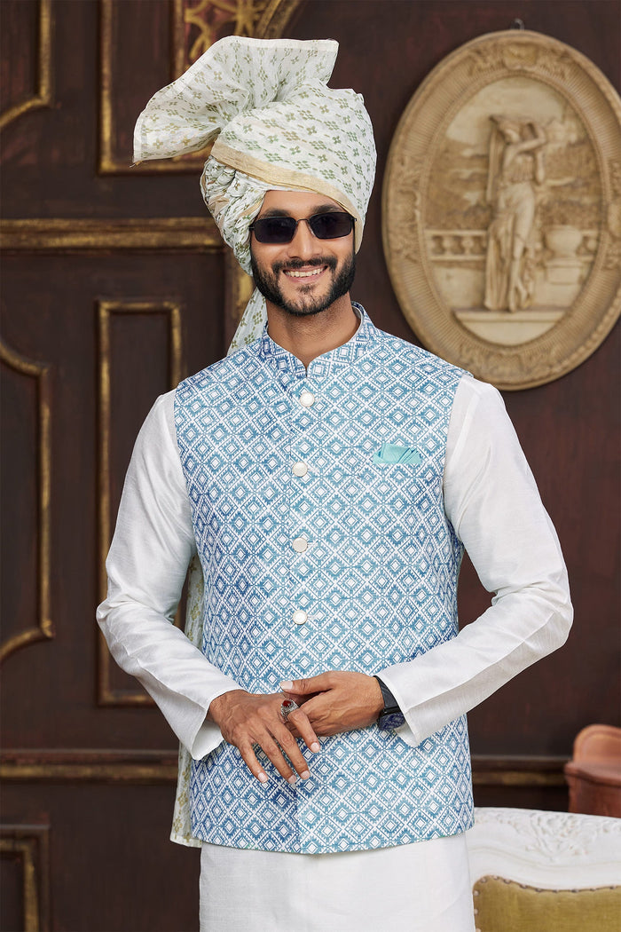 White Art Banarasi Silk Kurta Set With Sky Blue Jacket