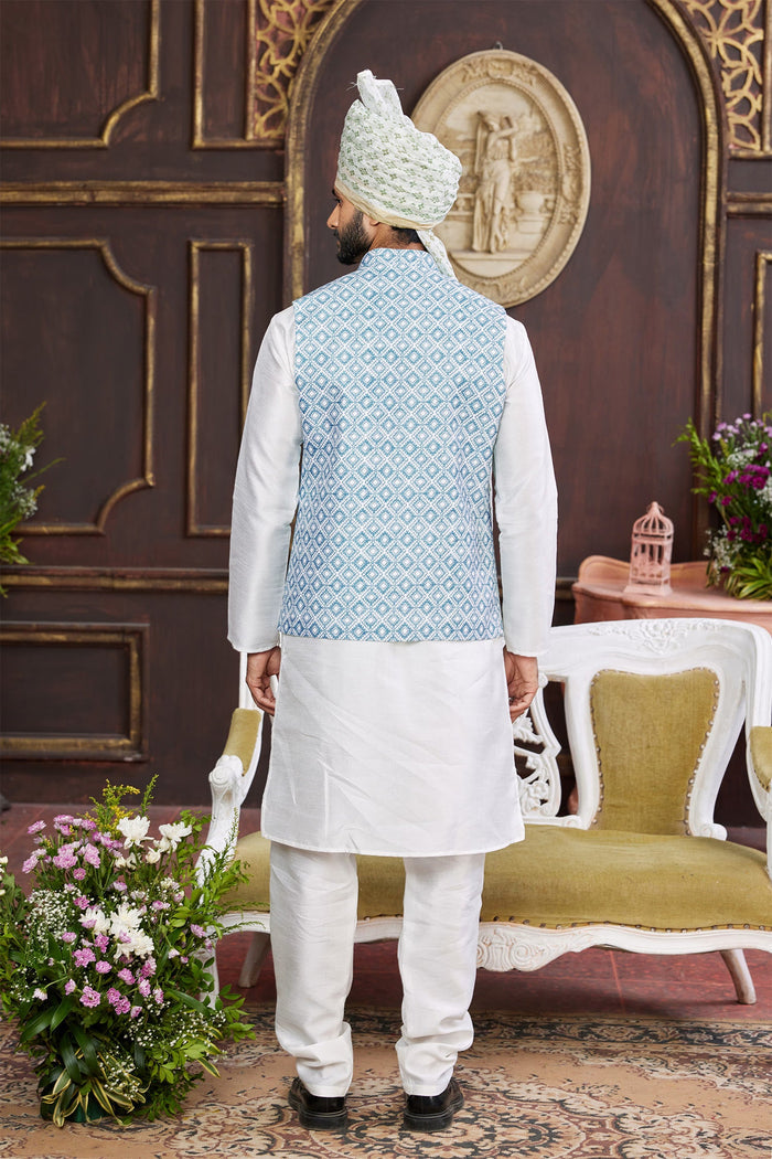White Art Banarasi Silk Kurta Set With Sky Blue Jacket