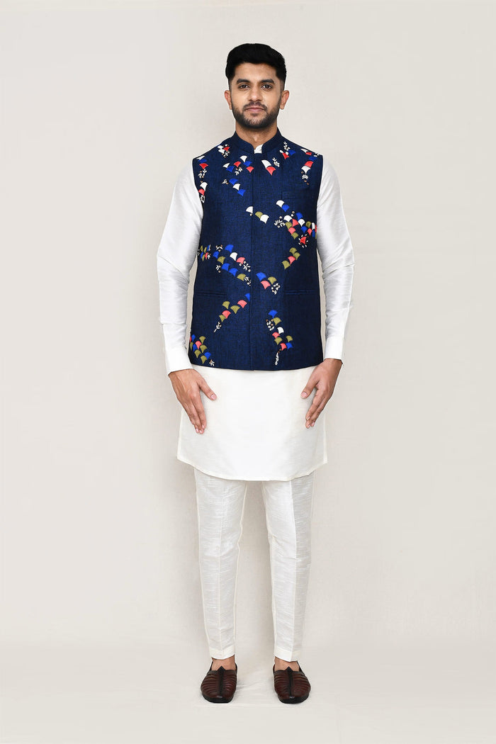 White Art Silk Kurta Set With Blue Cotton Jacket