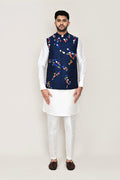White Art Silk Kurta Set With Blue Cotton Jacket