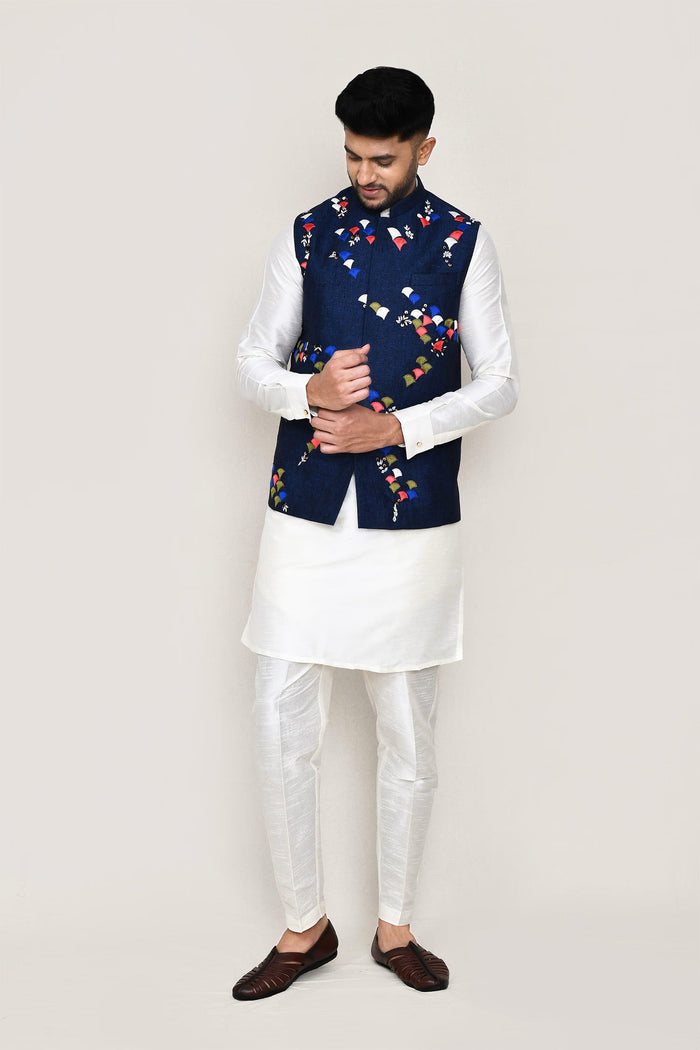 White Art Silk Kurta Set With Blue Cotton Jacket