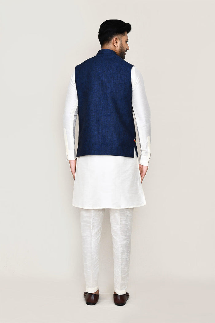 White Art Silk Kurta Set With Blue Cotton Jacket