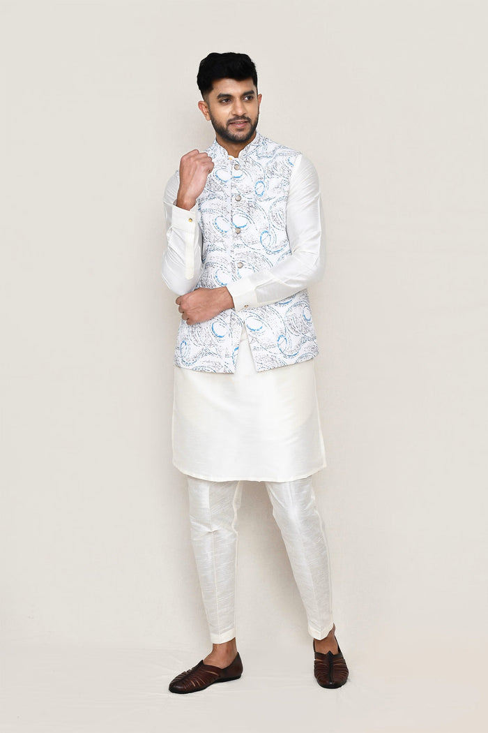 White Art Silk Kurta Set With Cotton Jacket