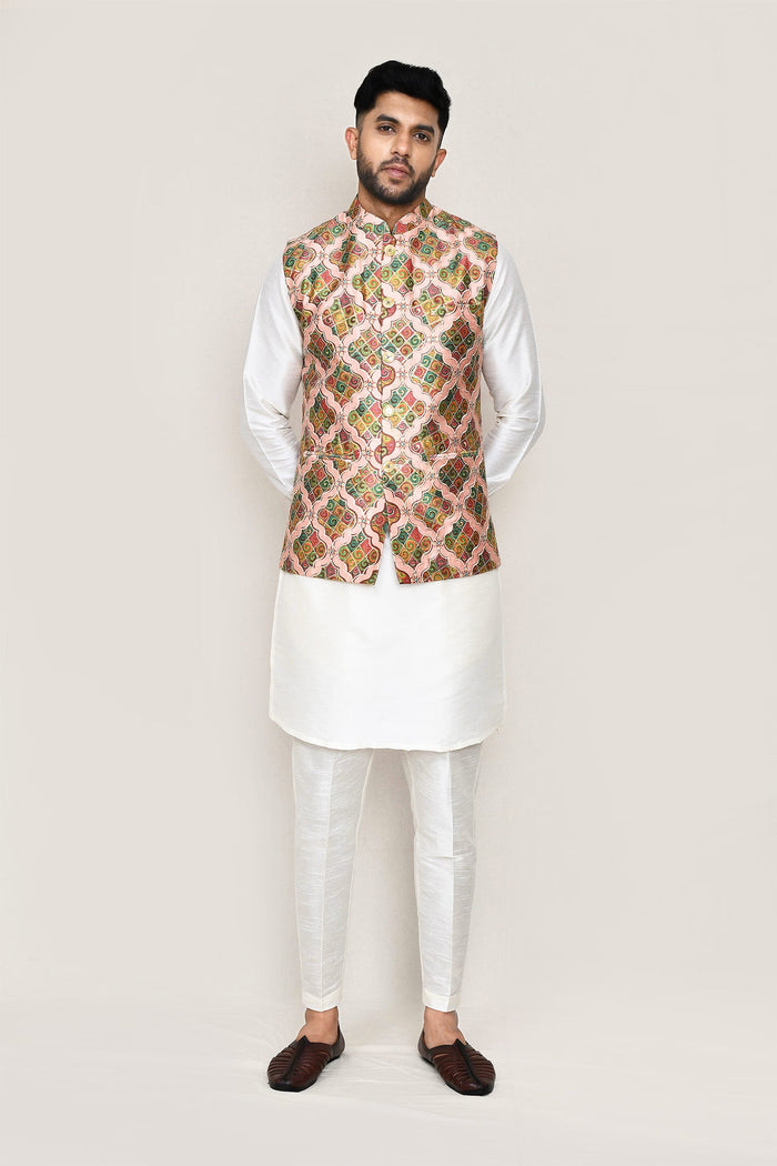 White Art Silk Kurta Set With Multicolour Jacket