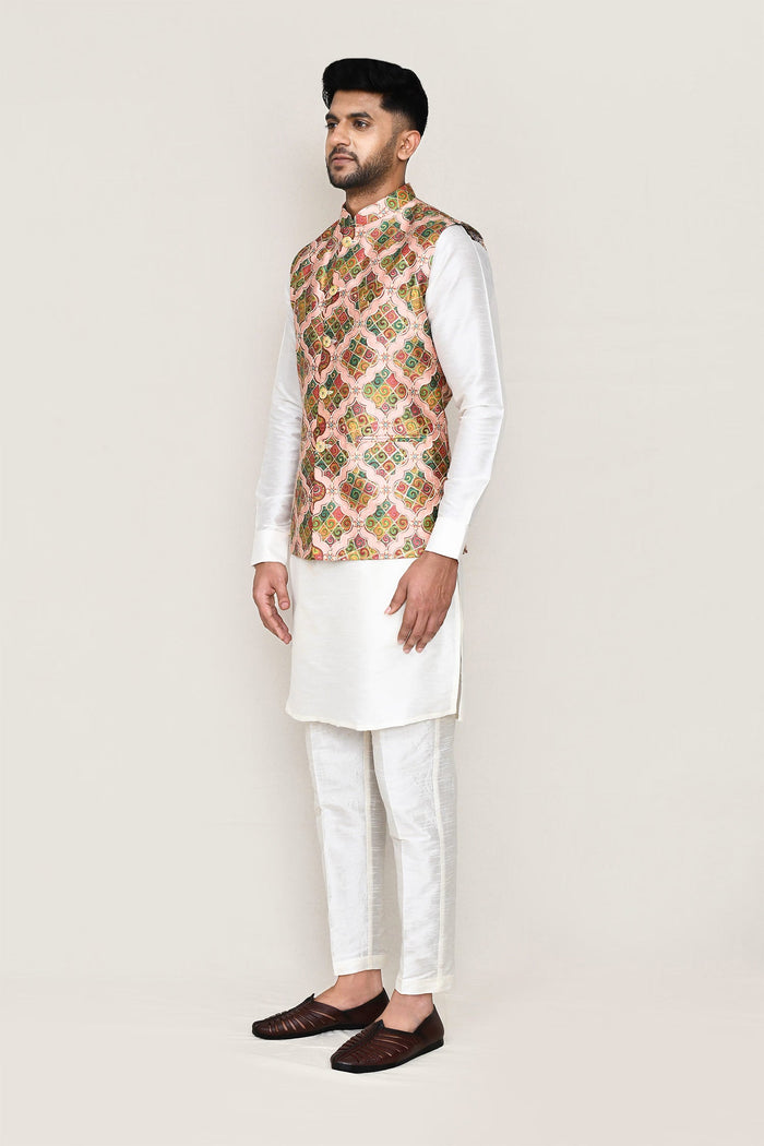 White Art Silk Kurta Set With Multicolour Jacket