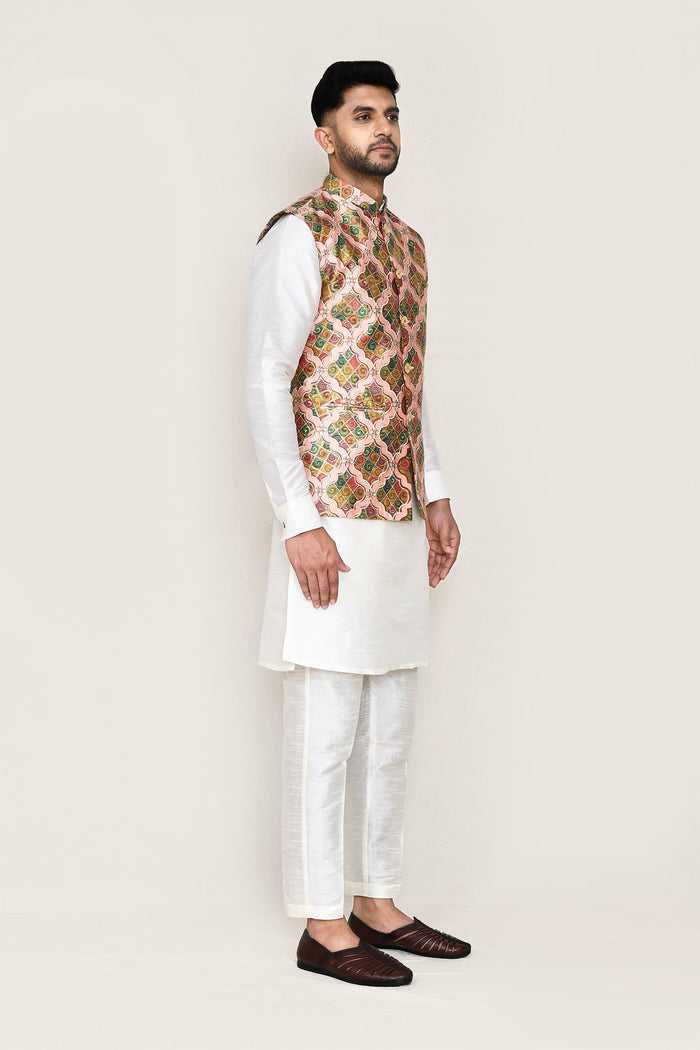 White Art Silk Kurta Set With Multicolour Jacket