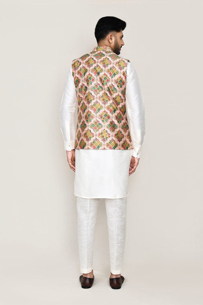 White Art Silk Kurta Set With Multicolour Jacket