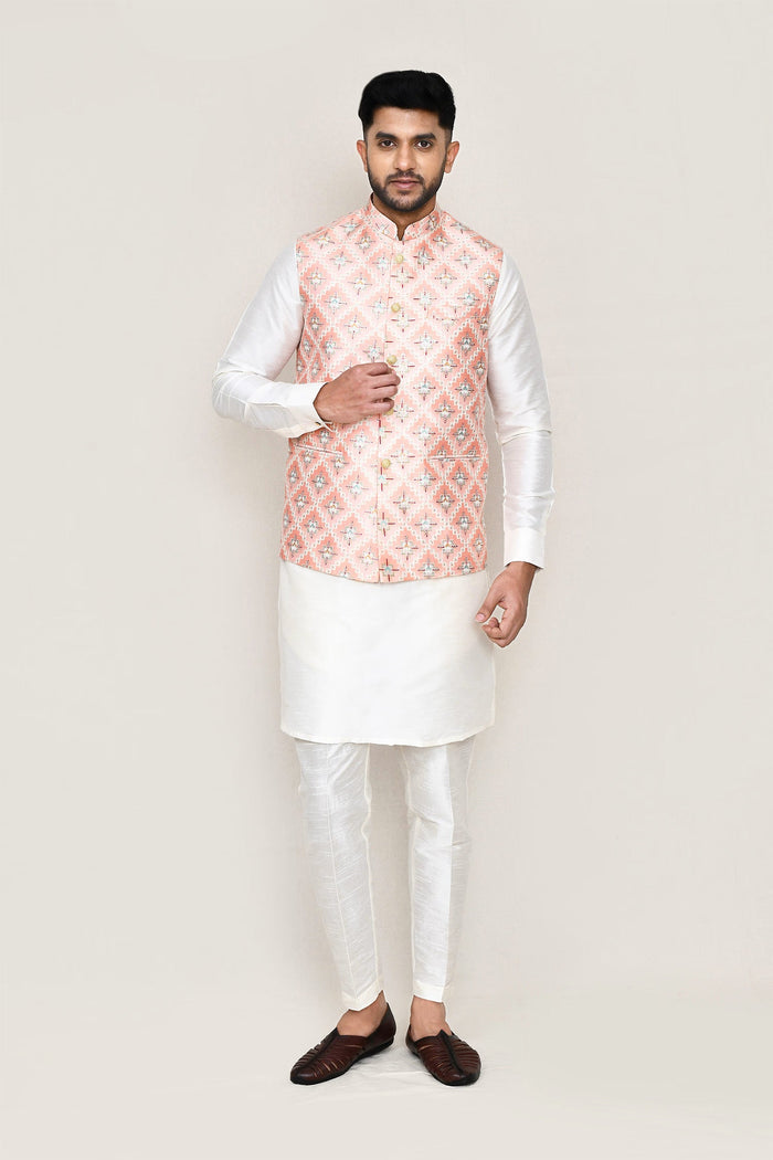 White Art Silk Kurta Set With Peach Jacket