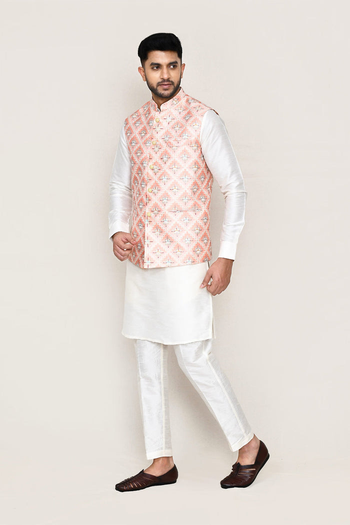White Art Silk Kurta Set With Peach Jacket