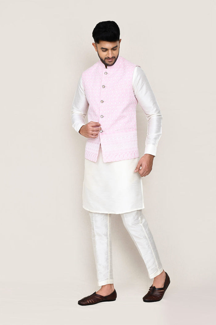 White Art Silk Kurta Set With Pink Cotton Jacket