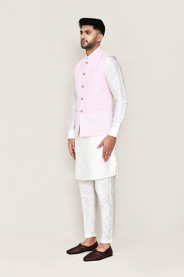 White Art Silk Kurta Set With Pink Cotton Jacket
