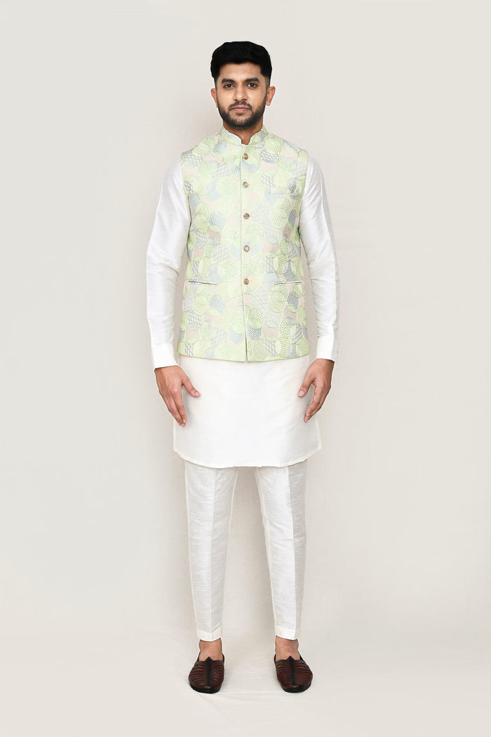 White Art Silk Kurta Set With Pista Green Jacket