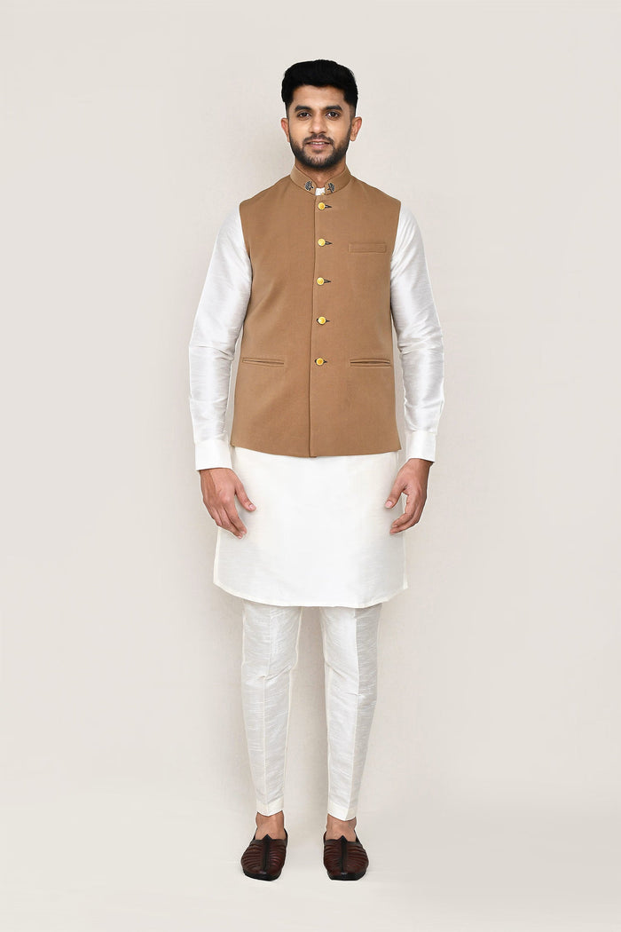 White Art Silk Kurta Set With Rayon Brown Jacket