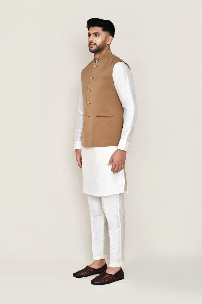 White Art Silk Kurta Set With Rayon Brown Jacket
