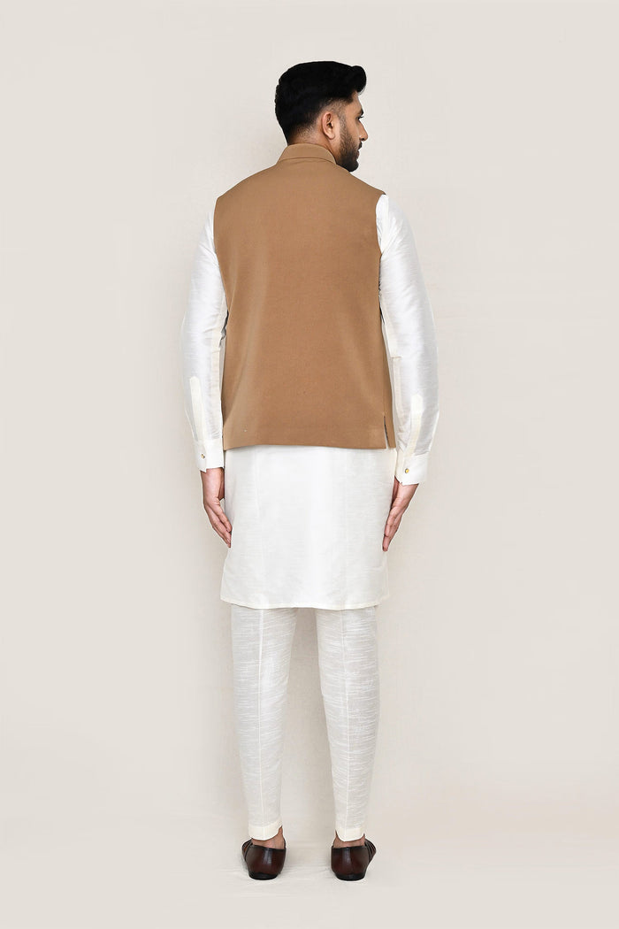 White Art Silk Kurta Set With Rayon Brown Jacket