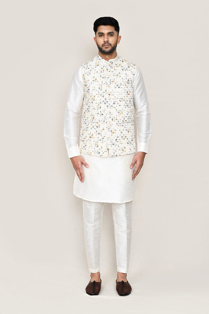 White Art Silk Kurta Set With Thread Work Jacket
