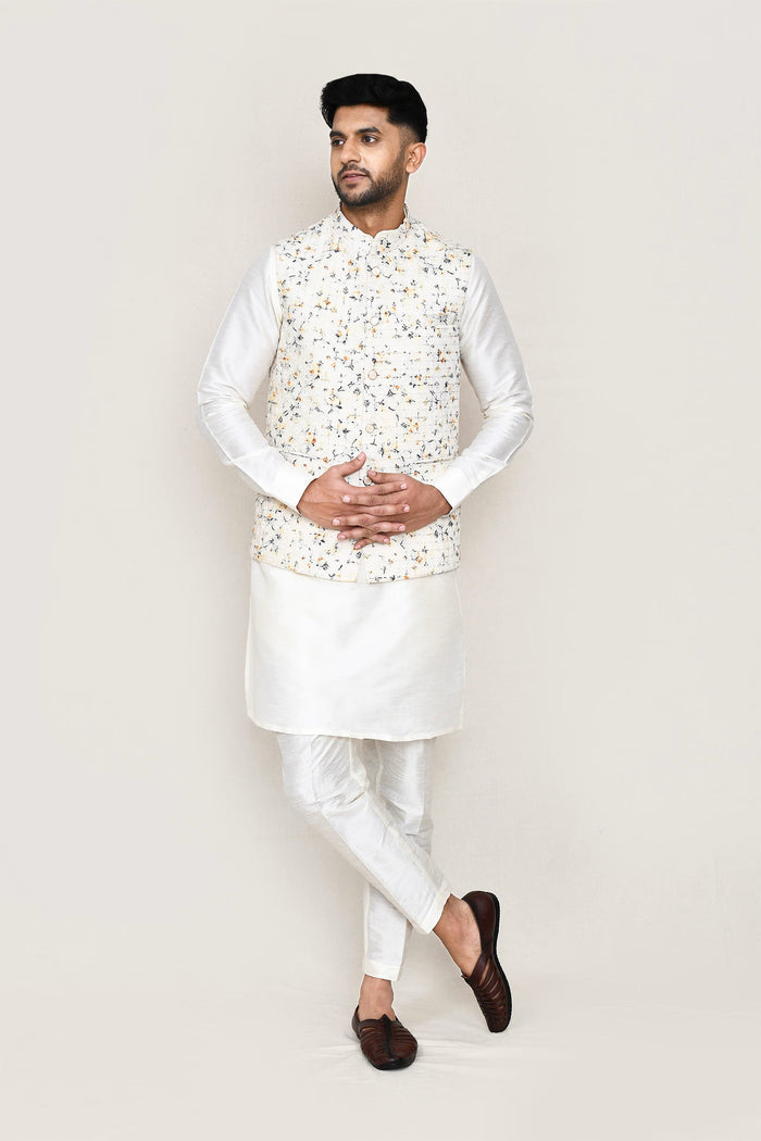 White Art Silk Kurta Set With Thread Work Jacket