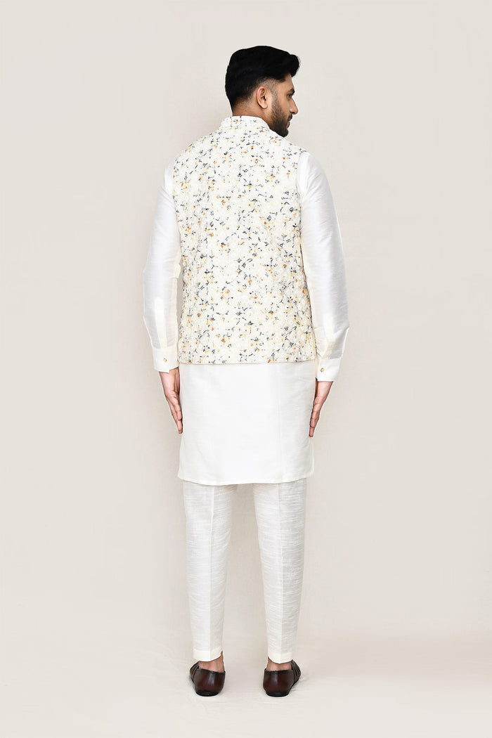 White Art Silk Kurta Set With Thread Work Jacket
