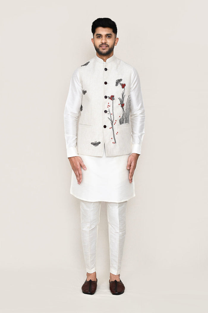 White Art Silk Kurta Set With White Cotton Jacket