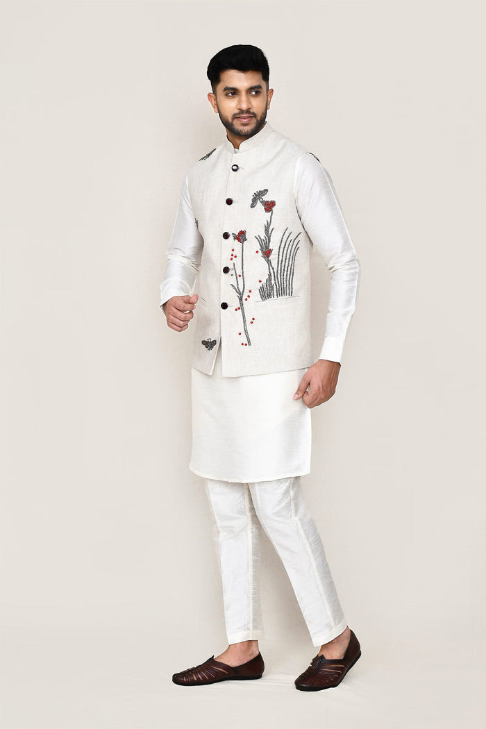 White Art Silk Kurta Set With White Cotton Jacket