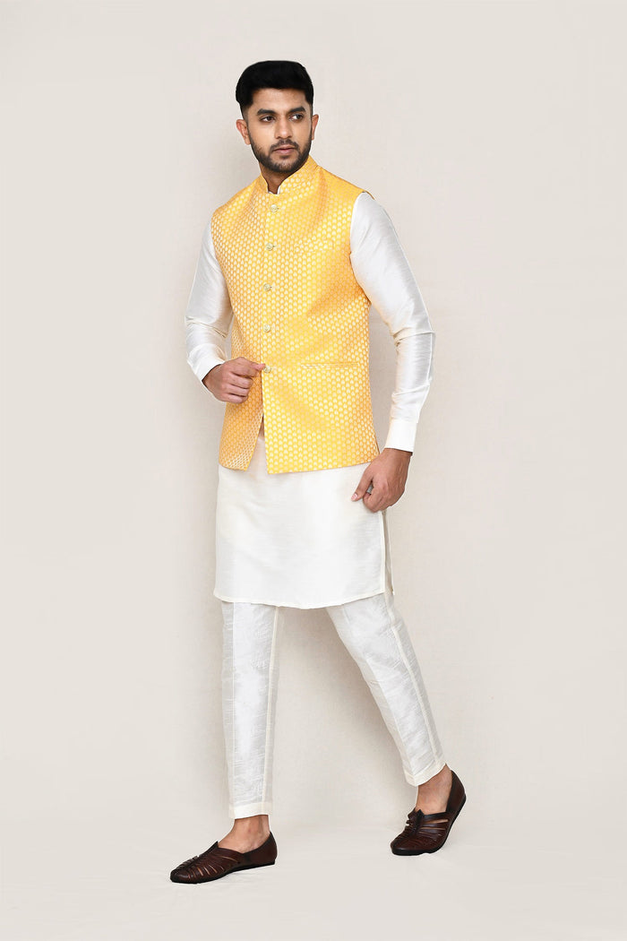 White Art Silk Kurta Set With Yellow Jacket