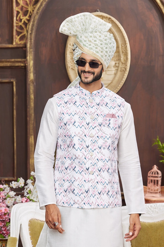 White Art Silk Nehru Jacket With Digital Prints