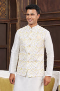 White Art Silk Nehru Jacket With Digital Prints