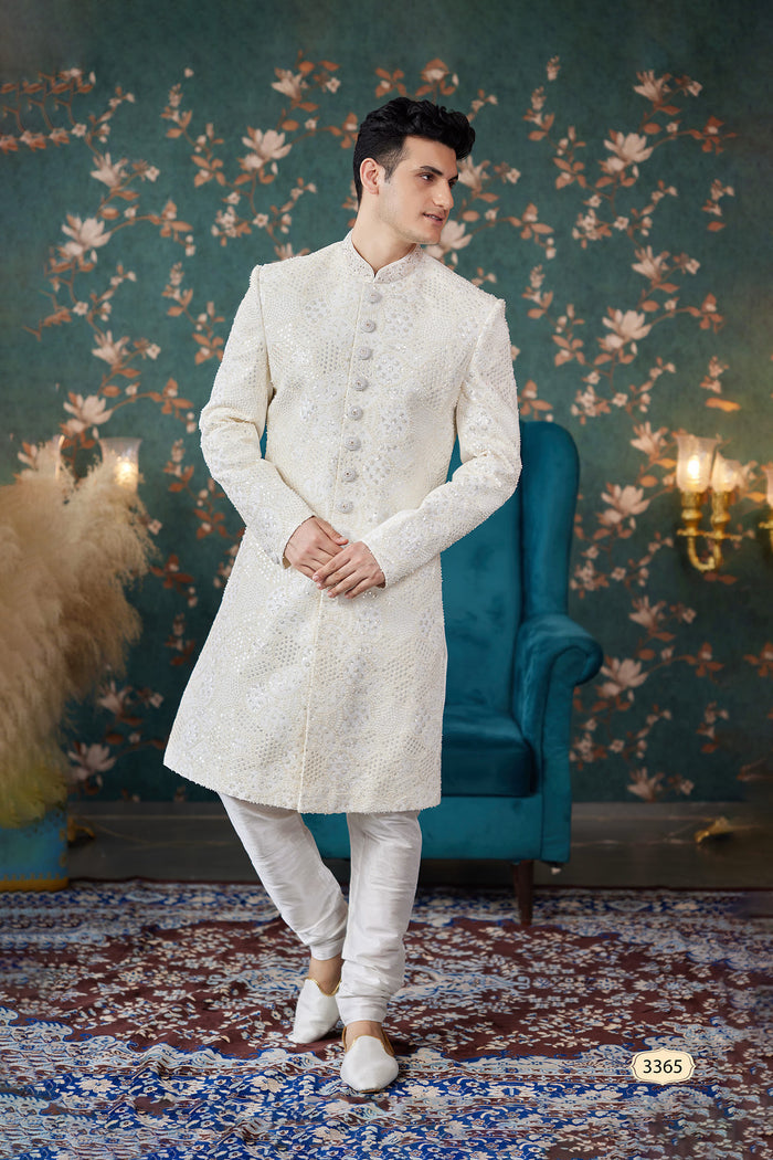 White Art Silk Two Piece Sherwani Set