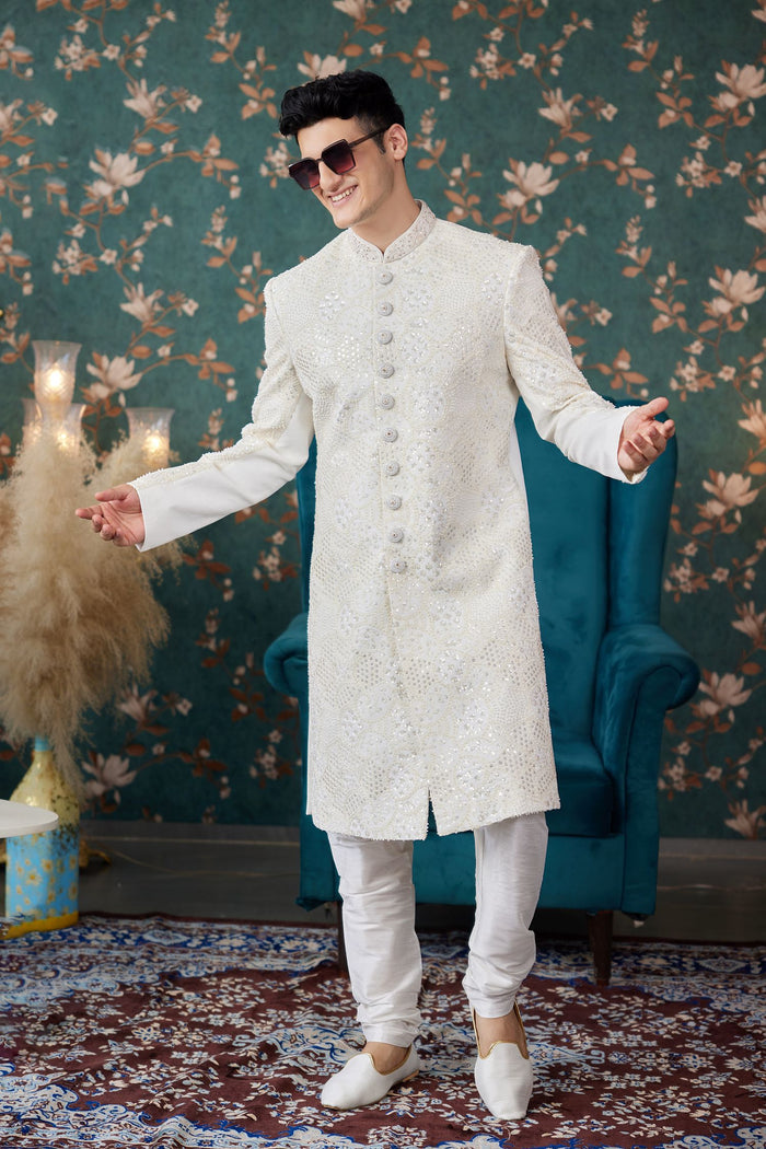 White Art Silk Two Piece Sherwani Set