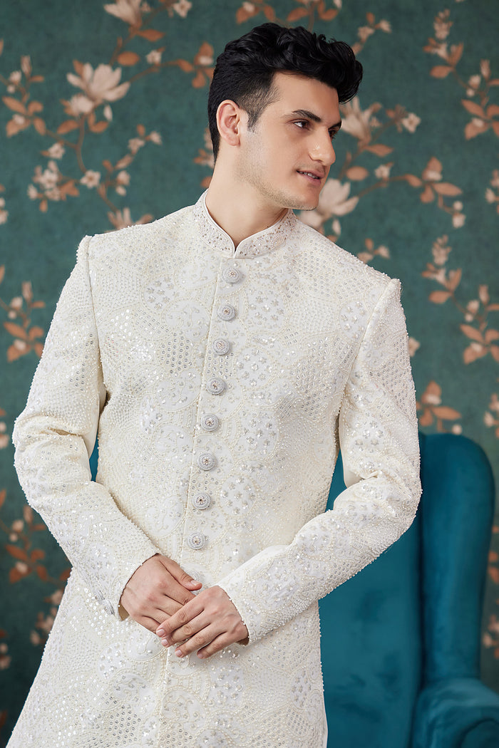 White Art Silk Two Piece Sherwani Set