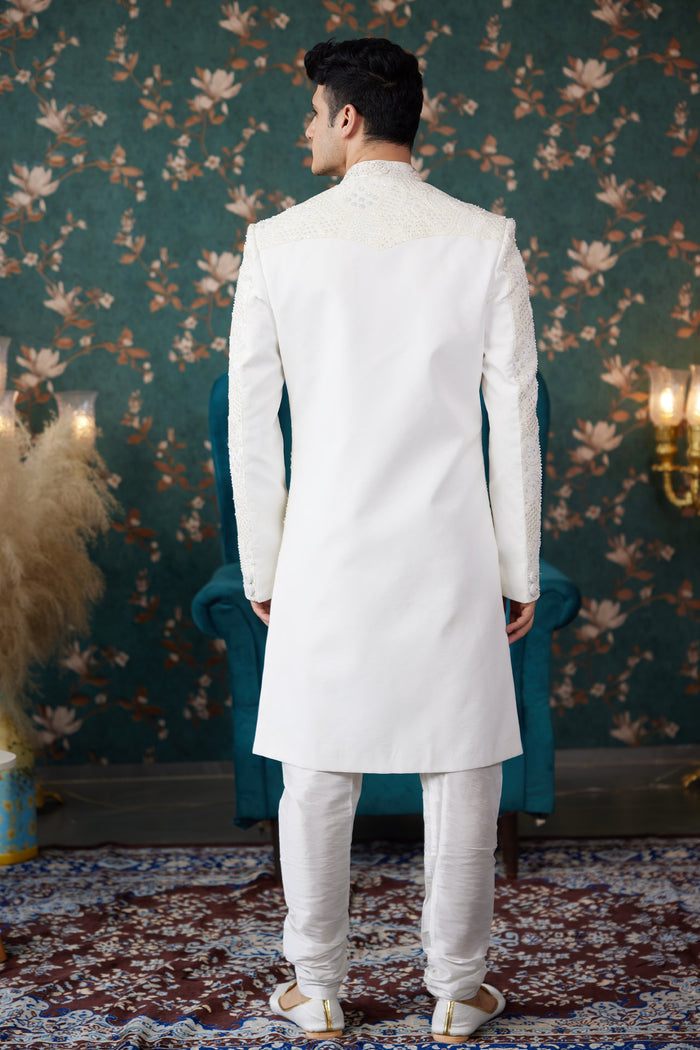 White Art Silk Two Piece Sherwani Set