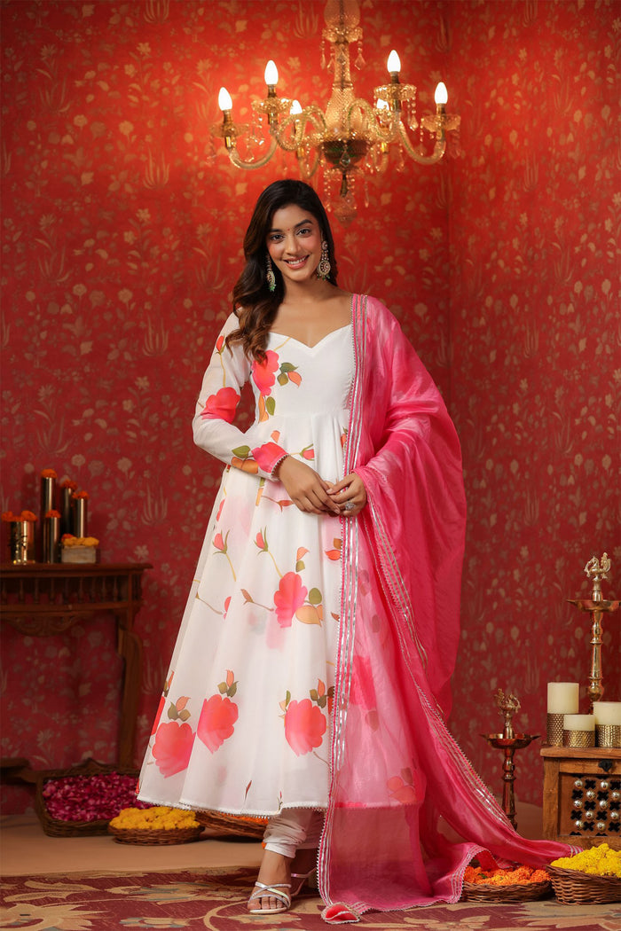 <img> White Chanderi Floral Printed Anarkali Set