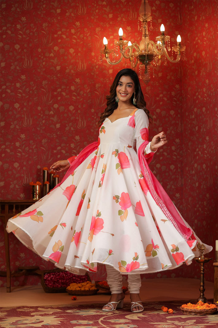 <img> White Chanderi Floral Printed Anarkali Set
