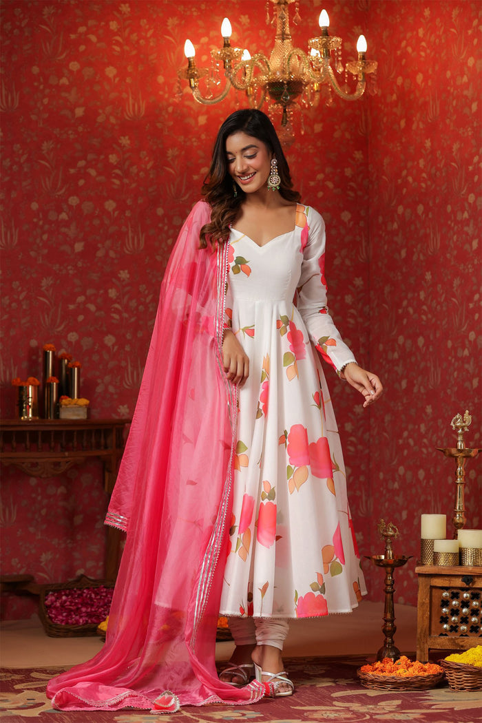 <img> White Chanderi Floral Printed Anarkali Set