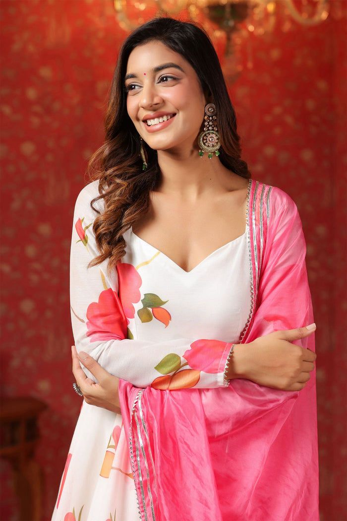 <img> White Chanderi Floral Printed Anarkali Set