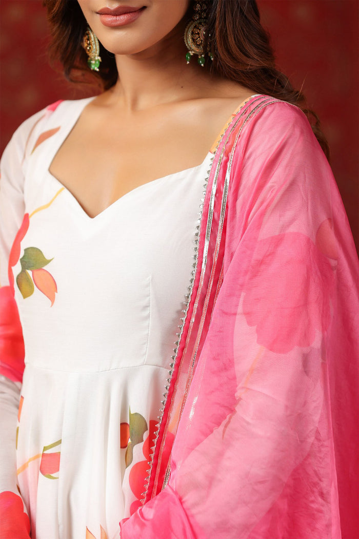 <img> White Chanderi Floral Printed Anarkali Set