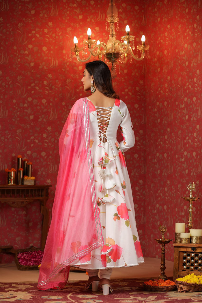 <img> White Chanderi Floral Printed Anarkali Set