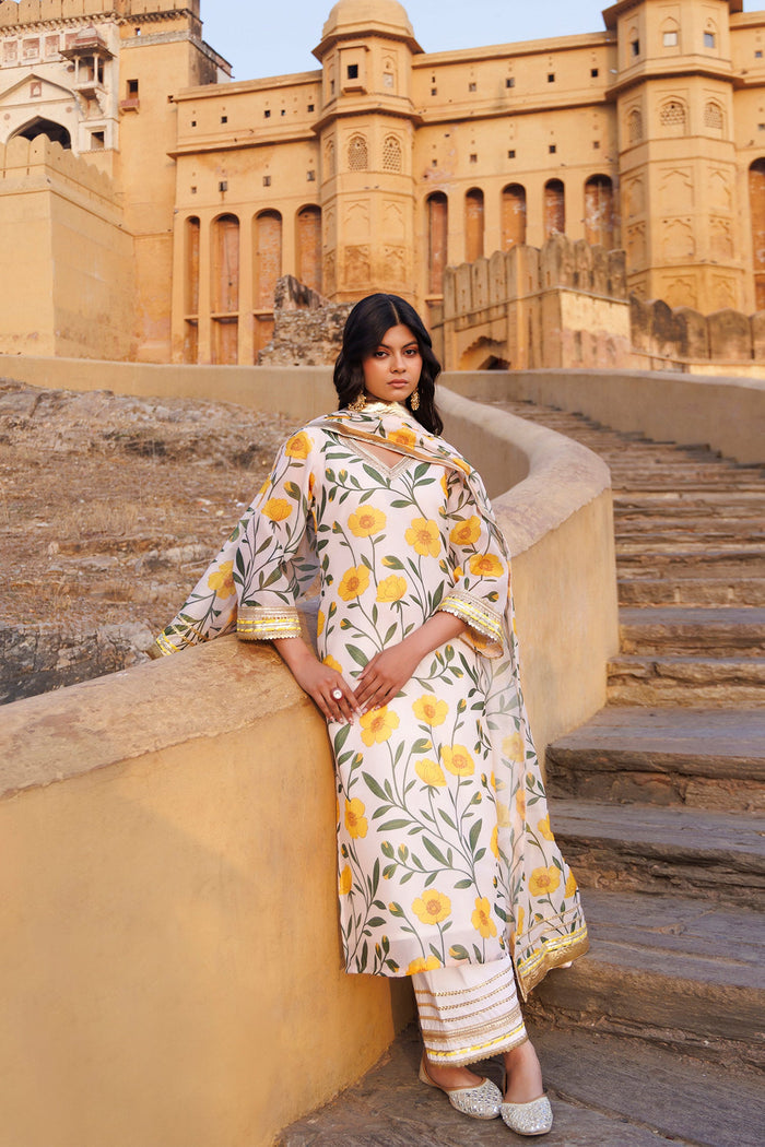 White Chanderi Kurta Set With Floral Prints